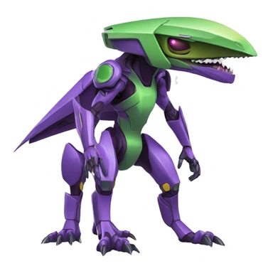 a purple-green Genesect-Raptor-Fakémon—hybrid with a futuristic visor-helmet full body sticker
