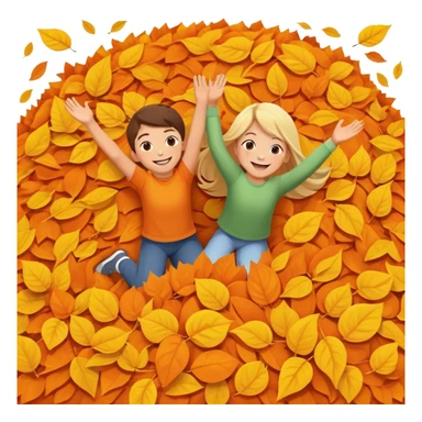 two children mid-air above a big pile of orange and yellow leaves, smiling faces sticker