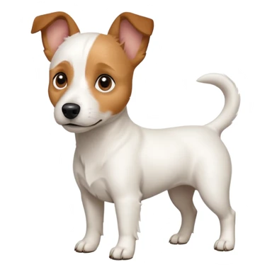 a full body white jack russel looking dog the size of a kelpie with light brown ears and a light brown patch on one eye and a large snout sticker