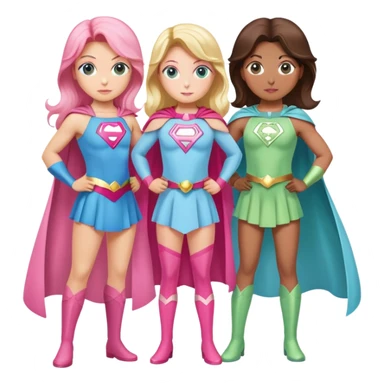 three superhero girls standing together - one in light blue costume, one in pink costume, and one in light green costume sticker