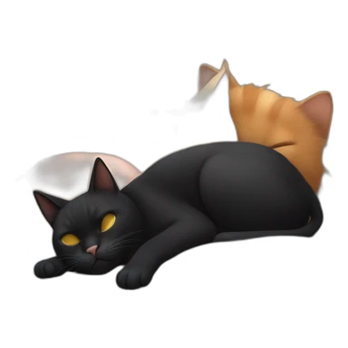 black cat causing havoc with tricolor cat sleeping besides sticker
