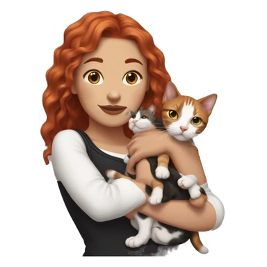 Long Red haired woman with septum piercing holding black and white English Staffordshire puppy and tabby kitten sticker
