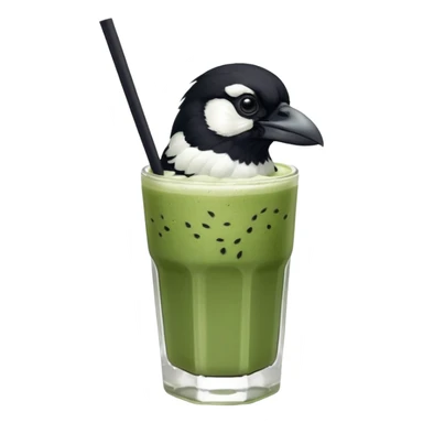  ONE Australien Magpie (just black and white feathers) sitting on an iced matcha latte on the edge of the glass. It has green matcha on its beak indicating it drank. The iced matxha latte is in a see through glass and white from the oat milk on the bottom and green on top… one straw and ice cubes sticker