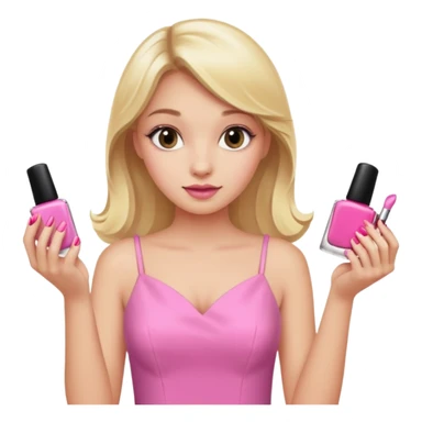 A blonde girl in pink holds nail polishes in her hand sticker
