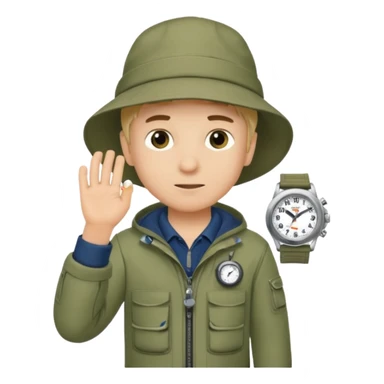 Boy in fishing suit looking at his wristwatch sticker