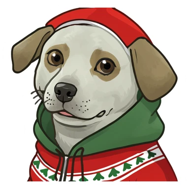Dog wearing Christmas sweater with a hoodie sticker