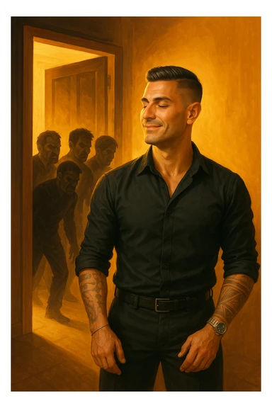 a man stands confidently in a sunlit room, facing away from a group of dark, shadowy figures with harsh or angry expressions who are walking out the door. The man’s posture is upright and relaxed, his face calm and relieved. Warm light fills the space, symbolizing his newfound peace and positivity. sticker
