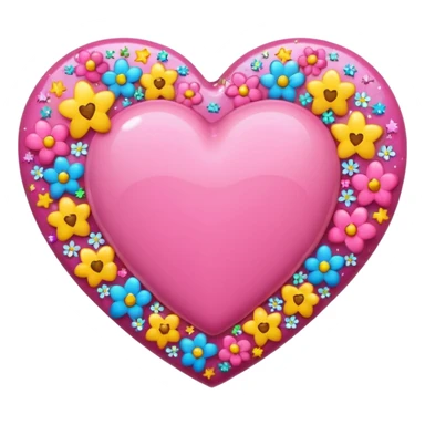 Colorful emoji-style icon of a large pink heart surrounded by sparkles, stars, and small flowers, representing overflowing love and joy. Bright and happy Apple-style emoji, glossy finish, white background. sticker