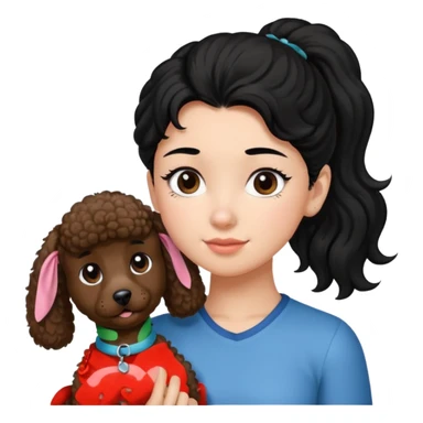 Ponytail black hair girl with brown Poodle say goodbye  sticker