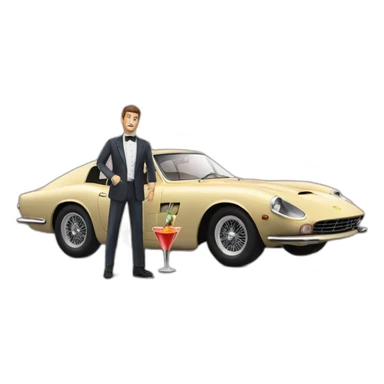 2 guys with cocktails in their handik front of a ferrari type 412 sticker
