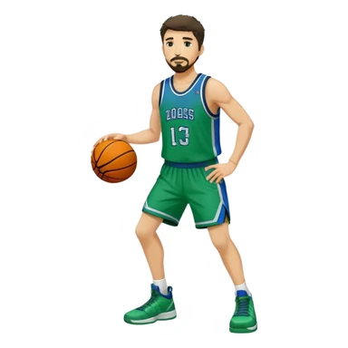 Full Body white male basketball player with short dark shaggy hair and goatee wearing blue and green uniform sticker
