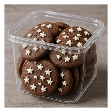 photo realistic Italian Pan di Stelle cookies in a transparent box, white sugar stars sticker