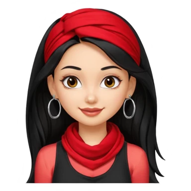 a pretty bratz girl with long black hair, kajal under eyes, small silver hoop. black tank top on. Red scarf around neck sticker