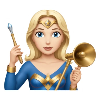 Blonde blue eyed Wonder Woman holding white orchestra conductor’s baton and bell sticker