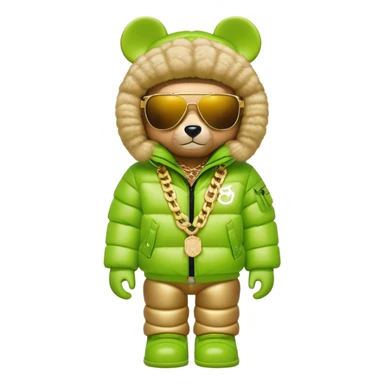 classic bearbrick wearing lime green mask with logo tags, oversized puffy down jacket with lavish fur hood, single-lens visor sunglasses, stacked gold chains, streetwear fashion icon sticker