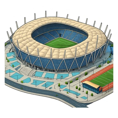 Изометричная, яркая, детализированная и фотореалистичная иллюстрация стадиона New Administrative Capital Stadium Egypt в стиле 3D-коллажей городов, насыщенные цвета, аккуратные и чёткие линии, мультяшно-реалистичная стилистика. Крыша у стадиона слегка изогнутая. Чёткие контуры, не размазанные линии, прозрачный фон, высокое качество. sticker