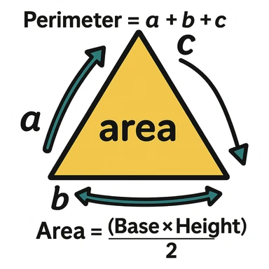Add text labels: Perimeter = a + b + c, Area = (Base × Height) ÷ 2. Place the labels near the triangle and shaded region, suitable for grade 4. Keep the background transparent. sticker