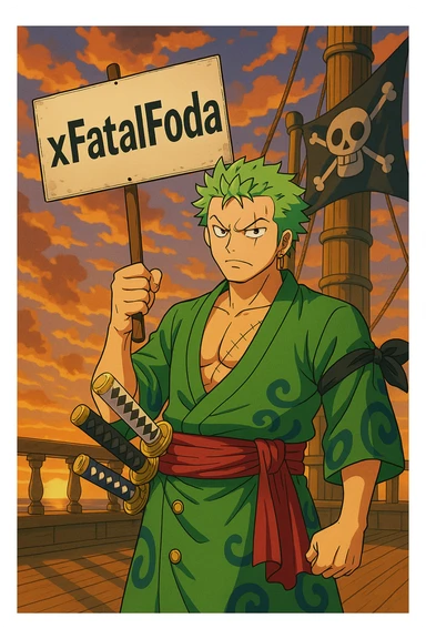 Transform the image of Zoro from One Piece into a more animated, lively anime style, preserving the Wano arc look. Add dynamic shading and expressive features to enhance the character's liveliness. Keep the protest sign with 'xFatalFoda' clearly visible and maintain the pirate ship sunset background as in the original image. sticker