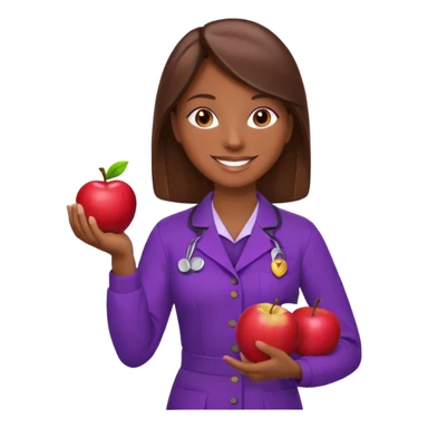 nutricionista castaña chocolate con uniforme morado, sonriendo, mientras sostiene una manzana roja con una mano. sticker