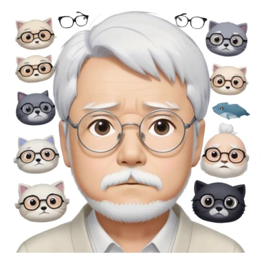 ​Cinematic Realistic Portrait of Hayao Miyazaki, depicted with striking white hair, defined black eyebrows, and large rectangular glasses, his thoughtful expression rendered in lifelike detail against a background of whimsical Studio Ghibli-inspired sketches, illuminated with soft, realistic lighting that emphasizes his creative genius, sticker