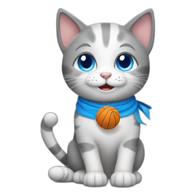 a happy gray cat with blue eyes and a volleyball sticker