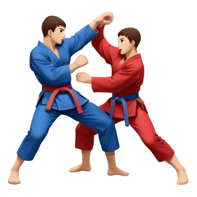 Two SAMBO fighters in blue and red uniforms engage in dynamic grappling and throwing techniques. One executes a powerful throw while the other tries to counter. The scene is set in a sports arena with a competition mat, capturing the intensity and motion of the martial art. Transparent background. sticker