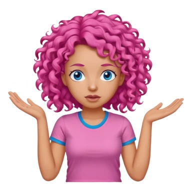 Woman in pink t shirt with pink curly hair and blue eyes shrugging  sticker
