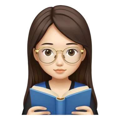 pretty asian girl sitting reading a blue book black top gold glasses long brown hair sticker