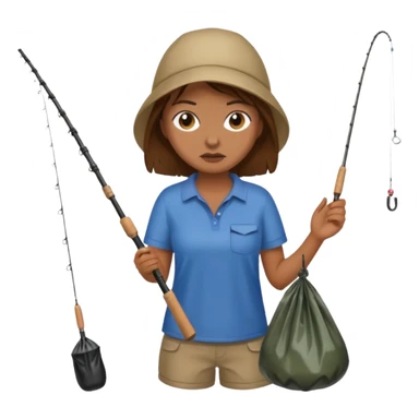 girl fishing, caught trash bag on rod sticker