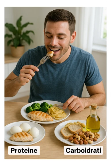 uomo che fa alimentazione attraverso i giusti macronutrienti. Scritte in ITALIANO immagine 4k realistica sticker