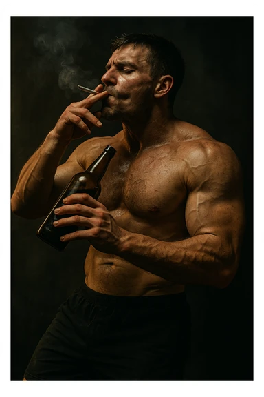 vertical realistic scene of a muscular bodybuilder smoking, drinking alcohol, and showing other unhealthy behaviors, dramatic atmosphere, 2:3 aspect ratio sticker