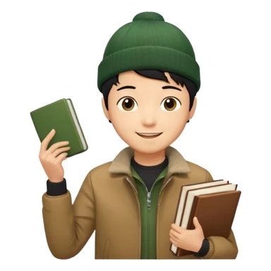 asian, tan skin, non binary asian man with pixie cut black hair, wearing brown jacket and dark green beanie, smiling , holding up books  sticker