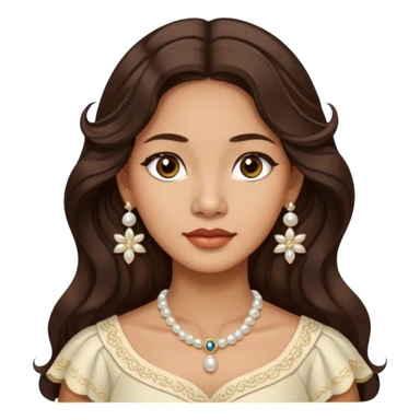 Tan Filipino woman with dark brown eyes and long dark wavy hair parted in the middle wearing a traditional filipiniana and white pearl stud earrings and no other jewelry sticker