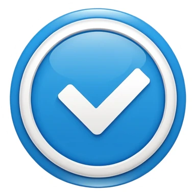 Blue verification badge icon, minimal flat design, bright blue circle with white check mark in center, social media verified style, high contrast, simple emoji style, transparent background sticker