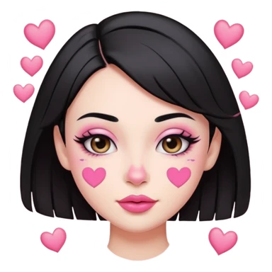 “Emoji girl, pastel pink streaks in black hair hair, bold winged eyeliner, heavy blush on cheeks and nose bridge, under-eye hearts, glossy pink lips, playful smirk.” sticker