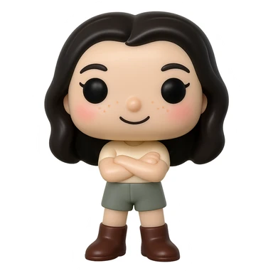 Create a Funko Pop style vinyl figure inspired by the reference image. The figure should have a cream-colored top, grey bottoms, dark brown boots, arms crossed, slightly rosy cheeks, very light freckles, a mischievous and cheerful expression, and dark hair. The background should be transparent. No accessories included. sticker