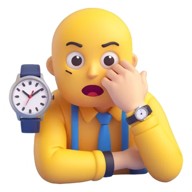 A yellow emoji face with a worried expression, looking at a wristwatch with raised eyebrows, showing urgency and stress sticker