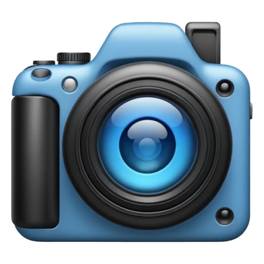 A minimalistic emoji of a camera in Apple iPhone emoji style. Flat design, smooth gradients, rounded edges, soft shadows, high resolution, clean and simple look. Neutral gray and black tones with a blue lens reflection. White background, no text sticker
