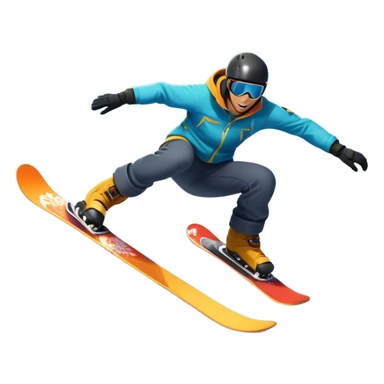 An icon showing a snowboarder performing an exciting jump on a snow-covered slope. The background features towering mountains, snow-covered trees, and a bright, clear sky. Transparent background highlights the speed, agility, and thrill of snowboarding. sticker