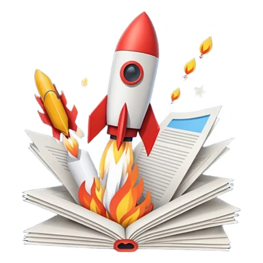 Rocket launching from stack of papers, fire trail, minimal flat design, youtube and instagram sticker