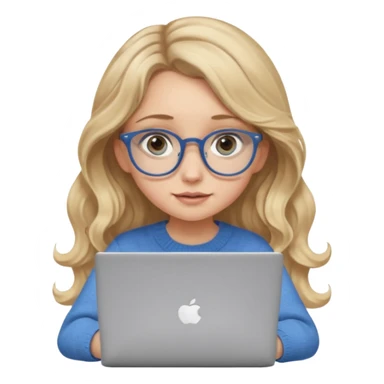 blonde girl with long dark blonde wavy hair, blue big eyes, pantos-style glasses, a brown sweater, sitting and looking in laptop, soft pastel, upper body shot sticker
