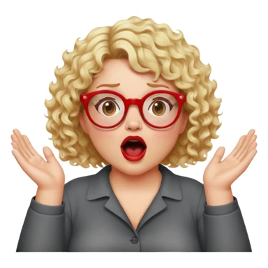 A blonde woman with short curly hair, slightly overweight, wearing red-framed glasses, shouting with hands cupped around her mouth sticker