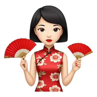 a chinese woman wearing a cheongsam holding a folding fan elegantly with fancy, red lipstick and short black hair sticker
