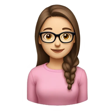 Russian smile Girl with straight brown hair and black glasses frame and in pink sweater working behind laptop sticker