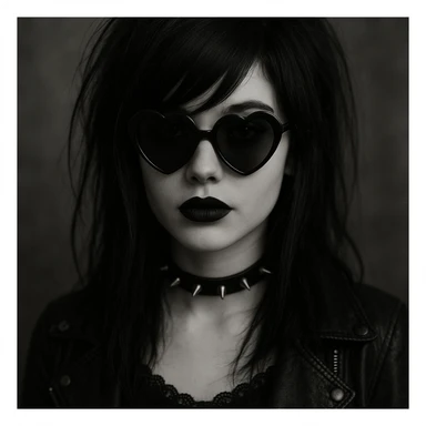 emo girl with heart-shaped sunglasses, dark hair, mysterious vibe sticker