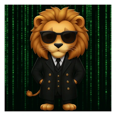 Add a green Matrix code background to the lion in Neo's Matrix look, keeping the emoji style look and feel. sticker