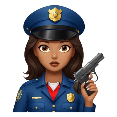 A sexy girl. with caramel skin. Dark brown hair and brown eyes. She has freckles. Wearing sexy makeup. Dressed as a sexy cop. wearing lingerie. Wearing heels on her feet. Holding a gun sticker