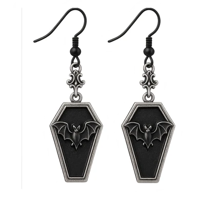 goth earrings, black coffin with bat, classic gothic, detailed sticker