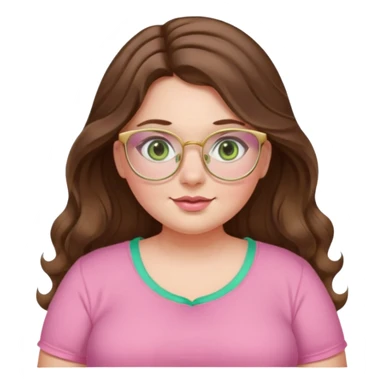 Girl girl long wavy brown hair with middle part, pale green eyes, plus size, pink girly top, gold rimmed glasses sticker