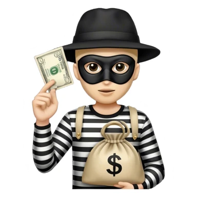 Thief with black and white stripe shirt, black hat, black mask, and beige bag with money sign on it sticker